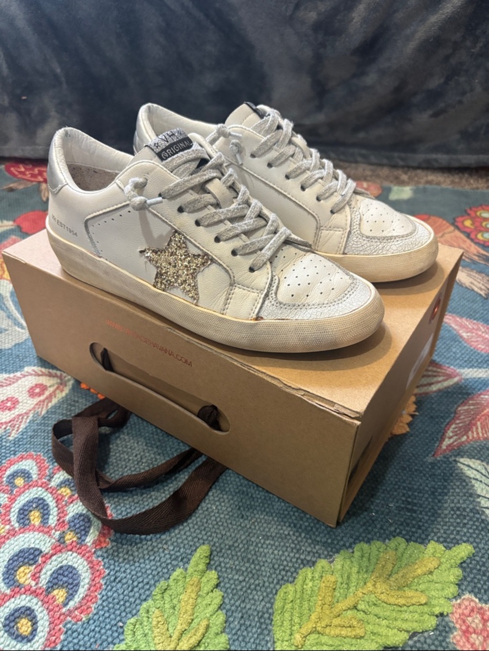 Vintage Havana White Magneev Leather Sneakers with Silver Glitter Star